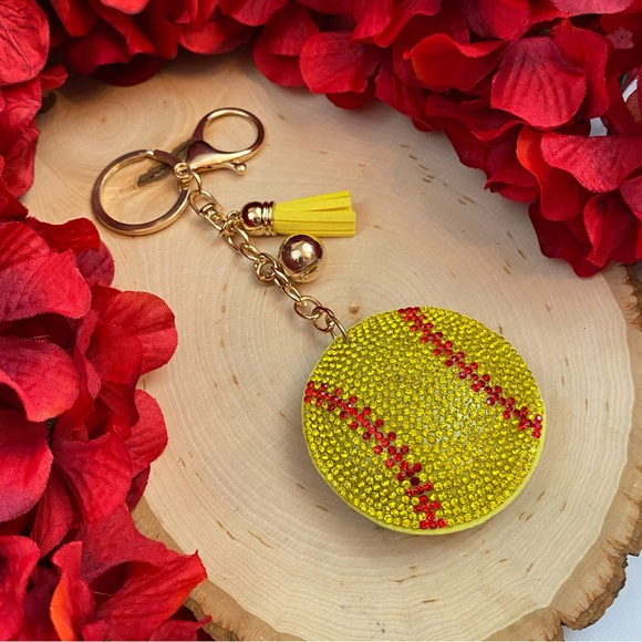 🥎Crystal & Leather Softball Keychain & Yellow Tassel - Picture 3 of 10
